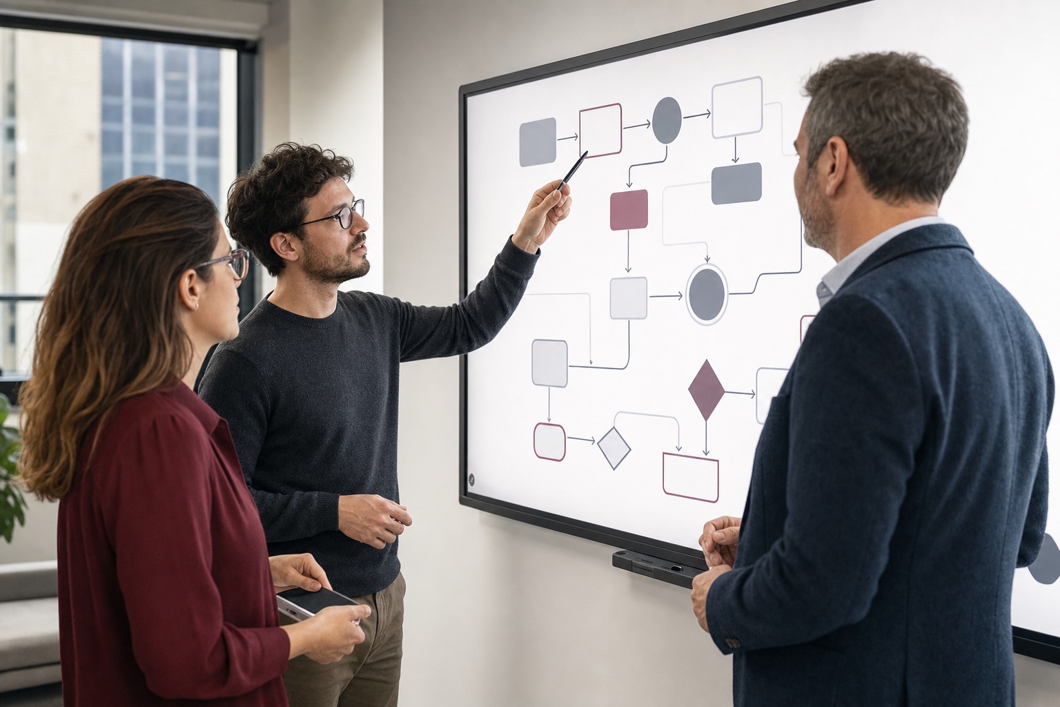Figure tecniche e operative discutono insieme davanti a un diagramma di processo