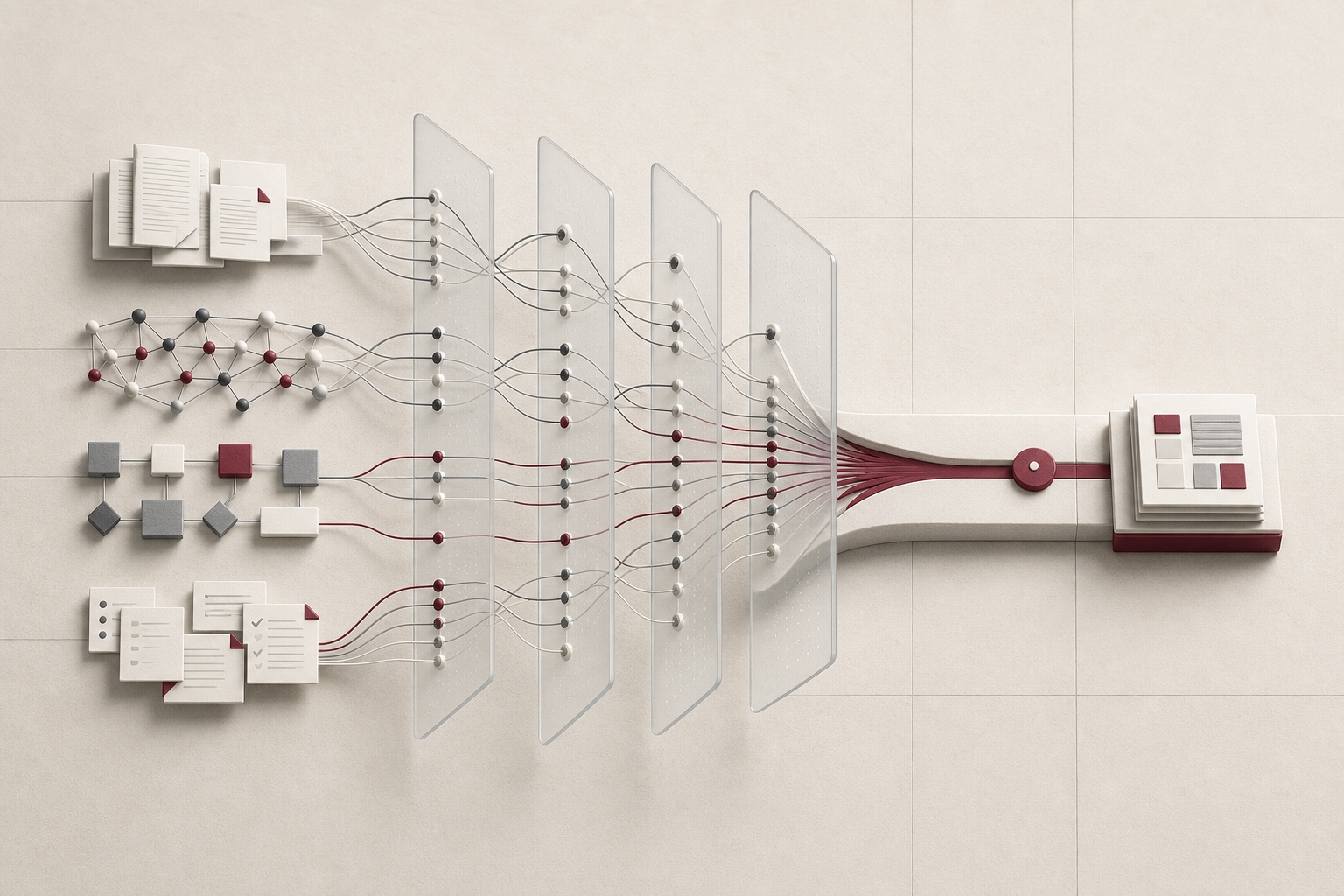Visuale editoriale di documenti, flussi, processi e attività che convergono in un percorso unico e governabile