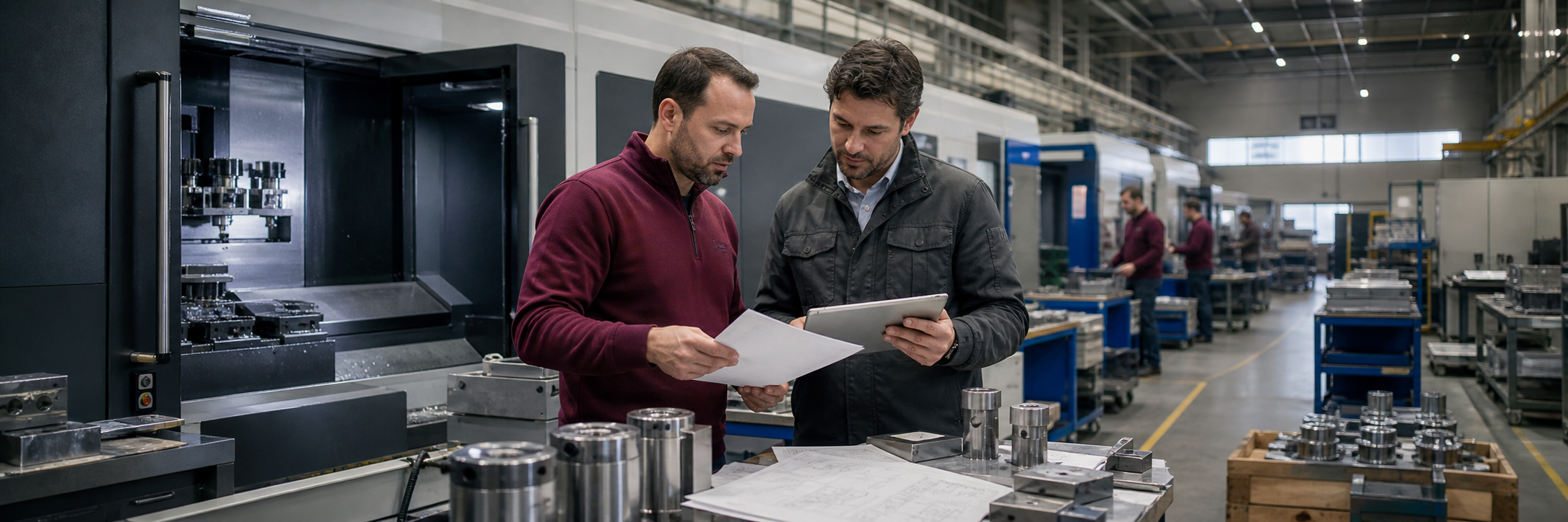Responsabili di produzione verificano commessa, distinta e avanzamento lungo la linea produttiva